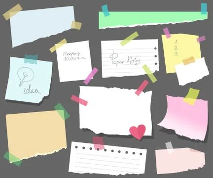 Sticky notes on paper, torn sheets with meeting reminders, a memorable date, or  Stock Illustration