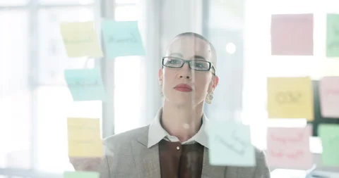 Sticky notes, planning and business woman by glass for creative process, story Stock Footage 318540136