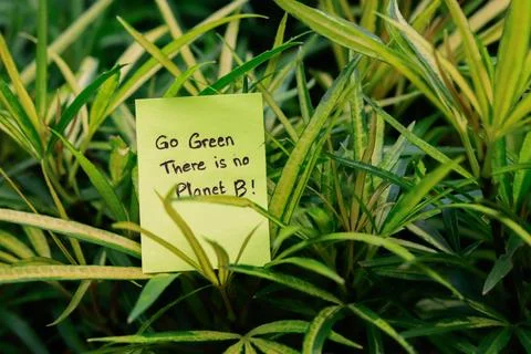 Sticky notes with plants in the garden as a background, environment world d.. Stock Photos