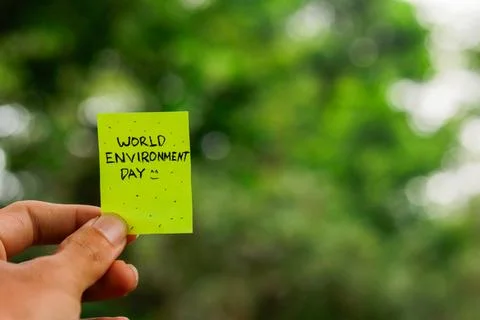 Sticky notes with plants in the garden as a background, environment world d.. Stock Photos