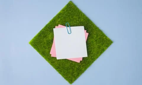 Sticky Notes on Square Grass Patch over Blue Background Stock Photos