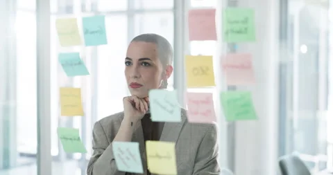 Sticky notes, thinking and business woman by glass for creative process, story Stock Footage 318542874