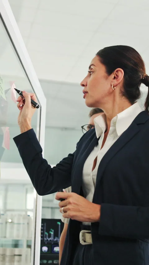 Sticky notes, writing and business people in meeting for planning, finance Stock Footage 335357758