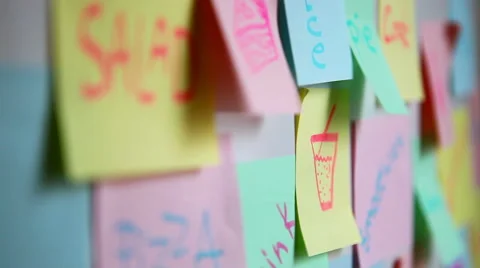 Sticky paper adhesive note on wall, with cooking or kitchen, food concept Stock Footage 57703804