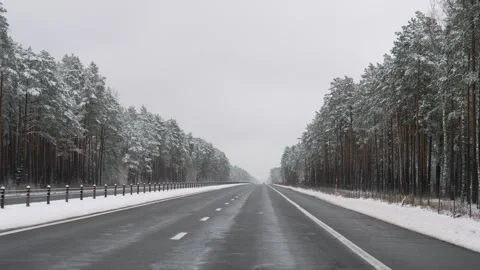 Still and cold winter scene with snowy highway enclosed by high pine trees Stock Footage 322766109