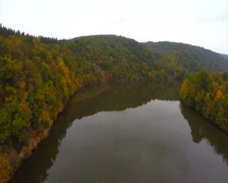 Still calm river autumn fall, brown trees, no waves aerial, click for HD Stock Footage 43908217