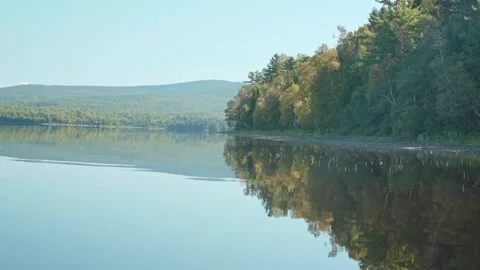 Still Lake Reflection of Forest and Mountain in Soft Morning Light Stock Footage 324575246