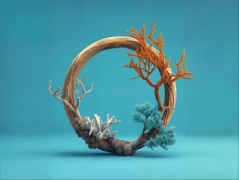 Still life 3d render of circle ocean shape from wood corals and sea elements Stock Photos