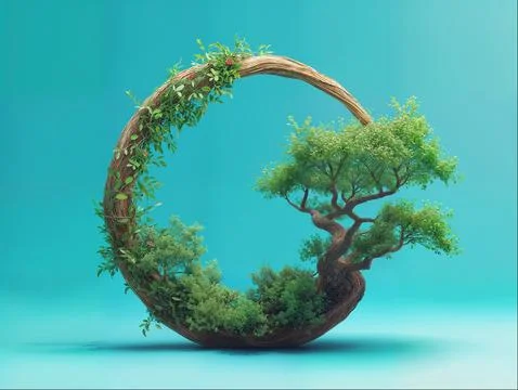 Still life 3d render of circle shape of bonsai tree and wood Stock Photos