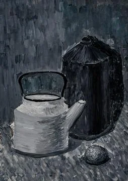 Still life artwork featuring a kettle, a canister, and a ball Stock Illustration