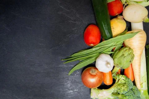 Still life of assorted vegetables viewed from above. copy space Stock Photos