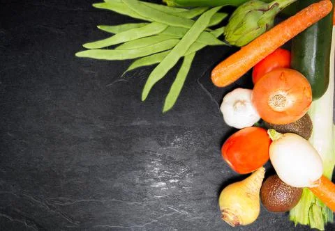 Still life of assorted vegetables viewed from above. copy space Stock Photos