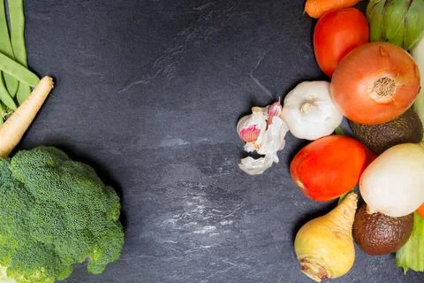 Still life of assorted vegetables viewed from above. copy space Stock Photos