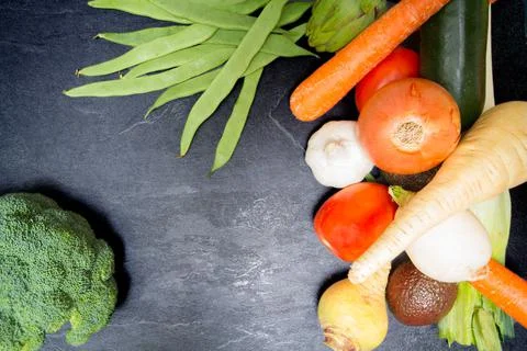 Still life of assorted vegetables viewed from above. copy space Stock Photos