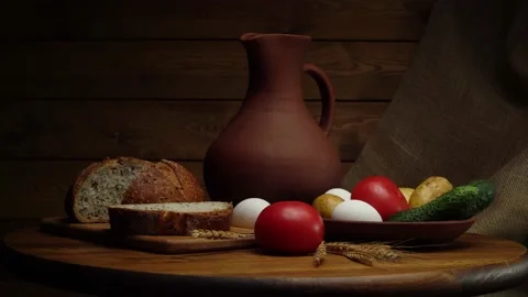 Still life with bread and vegetables. 스톡 동영상 158913555