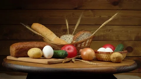 Still life with bread and vegetables. 스톡 동영상 158980078