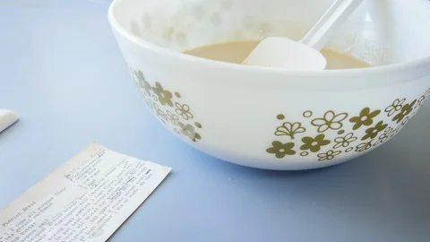Still Life of Cake Batter in a White Mixing Bowl in a Country Kitchen in 4k Stock Footage 86871534