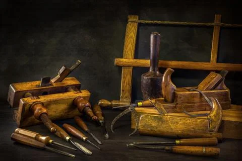 Still life with carpentry tools, bench planes , wood carving chisel Stock Photos