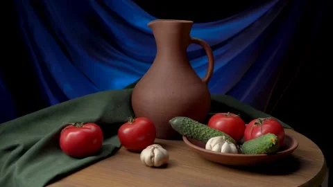 Still life with a clay jug, tomatoes, cucumbers and garlic. Stock Footage 146786653