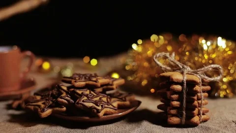 Still life. Cups of coffee and star-shape cookies. Stock Footage 82296123