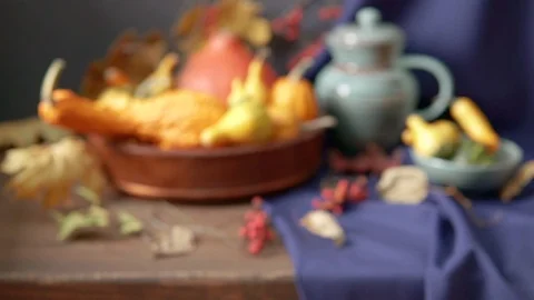 Still life with decorative pumpkins, mountain ash and autumn leaves Видео 118696331