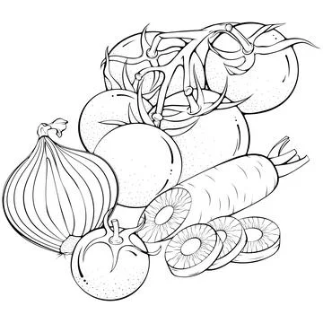 Still life with different vegetables line art Stock Illustration