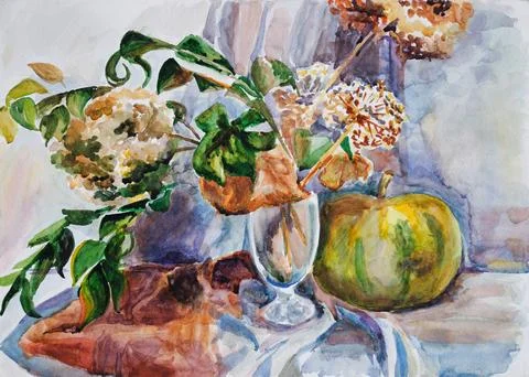 Still life with dried hydrangea flowers in a glass vase Stock Illustration