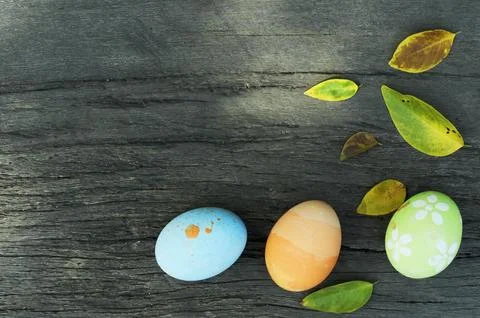 Still life with easter eggs and atum leaves on wooden backgrounds Stock Photos