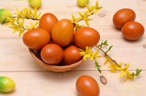 Still life with Easter eggs in a basket and spring flowers Stock Photos