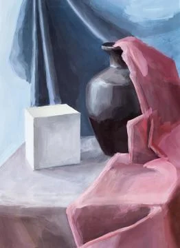 Still life on fabric with plaster cube Stock Illustration
