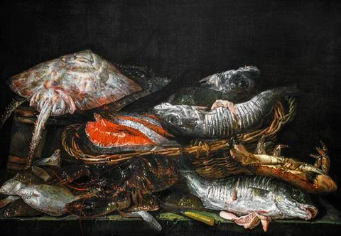 Still Life with Fish on a Stone Table.. Stock Illustration