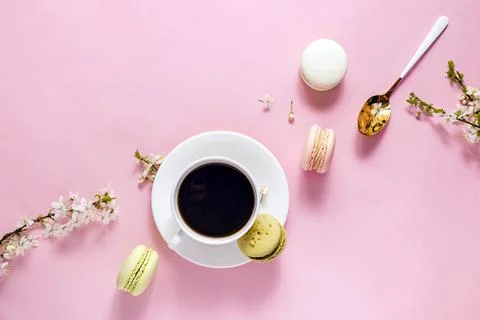 Still life flat lay composition with dessert cookies macarons Stock Photos