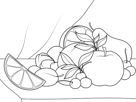 Still life of fruit. Vector, page for printable children coloring book. Stock Illustration