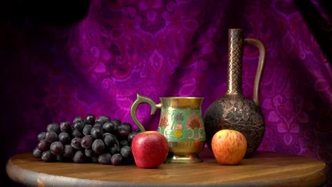 Still life with grapes and apples Stockbeeldmateriaal 159273953