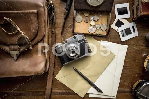 Still Life Of Group Of Vintage Objects On Table