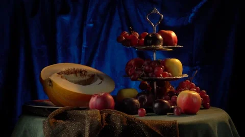 Still life with melon and fruit on a dark blue background. Stock Footage 160193156