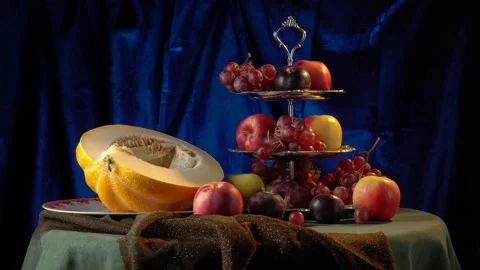 Still life with melon and fruit on a dark blue background. Stock Footage 160257853
