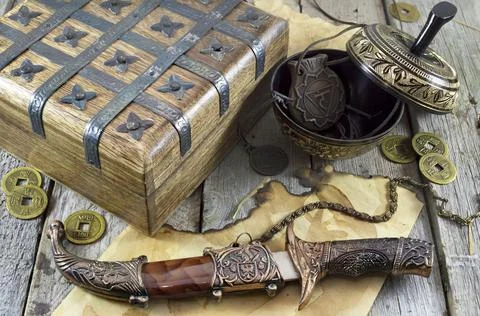 Still life with old retro objects and manuscripts Stock Photos
