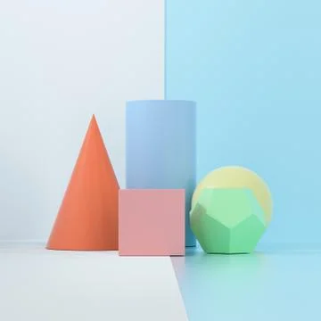 Still life presentation of geometric objects, 3d rendering. 스톡 일러스트