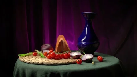 Still life with pumpkin, cherry tomatoes, red onions and green onions Stock Footage 147042133