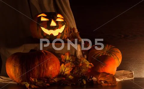 Still life of pumpkins to celebrate halloween with funny faces Stock Photos