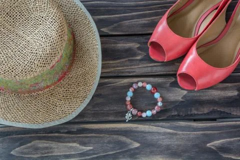 Still life of random objects of modern woman.Aerial view Stock Photos