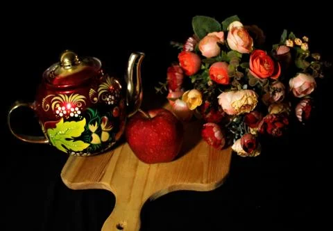 Still life in red tones of objects standing on a wooden Board Stock Photos