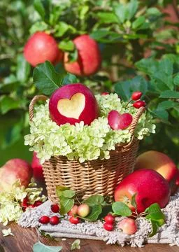Still life of a rustic wicker basket with a red apple with heart Stock Photos