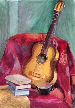 A still life study in gouache depicting a guitar Stock-Illustration