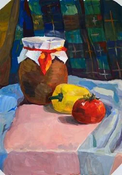 A still life study in gouache, depicts rustic objects in a decorative style 库存插图