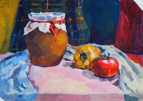 A still life study in gouache,  depicts rustic objects in a decorative style Illustrazione stock