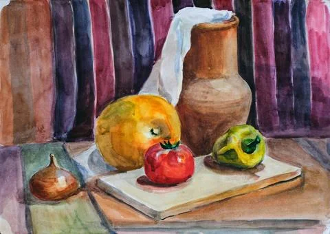 A still life study in gouache, depicts rustic objects in a decorative style Stock Illustration
