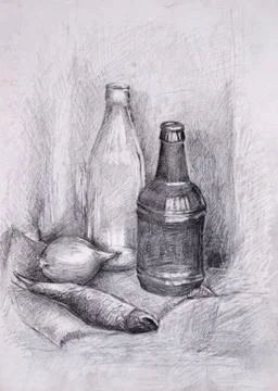 A still life study in pencil, consisting of a bottles, onion and fish on fabr 库存插图