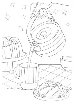Still life from teapot, cup, cake Stock Illustration